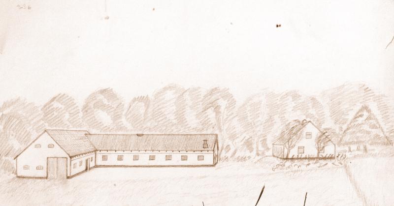 Vandstedgaard tegnet af malermester Berner Jensen, Hørsholm i 1971. Stuehuset fra ca 1850 er beliggende 1,5 m over gårdspladsen med udbygningerne fra 1955.