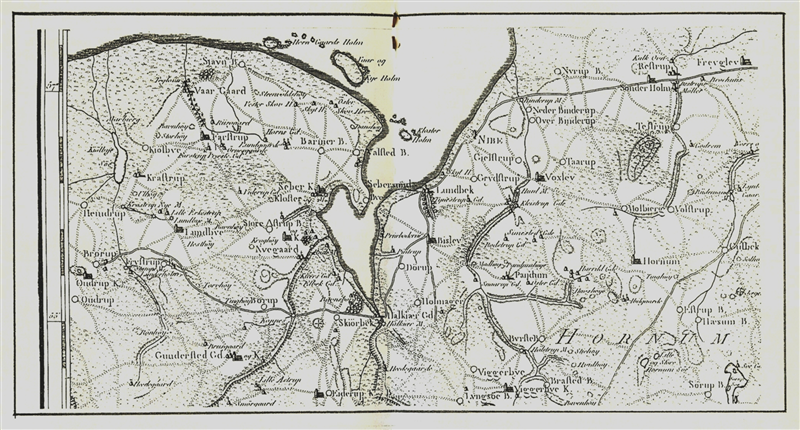 Kort udsnit i 1791.
Vandstedgaard er beliggende midt mellem Barmer og Sebber Kloster.